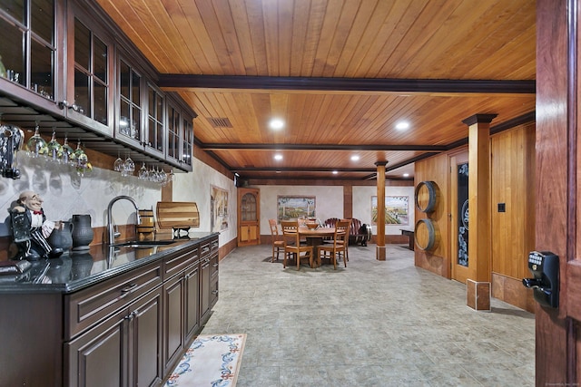 22 Nature Ln, Shelton, CT 06484 - dining room featuring wooden ceiling, beamed ceiling, bar area, and recessed lighting