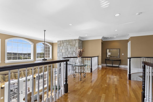 22 Nature Ln, Shelton, CT 06484 - corridor featuring an upstairs landing, crown molding, recessed lighting, wood finished floors, and baseboards
