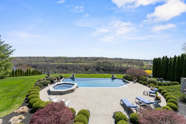 22 Nature Ln, Shelton, CT 06484 - view of swimming pool with a patio area, a lawn, and a pool with connected hot tub