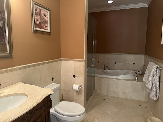 22 Nature Ln, Shelton, CT 06484 - full bathroom featuring a shower stall, vanity, crown molding, tile patterned floors, and a bath