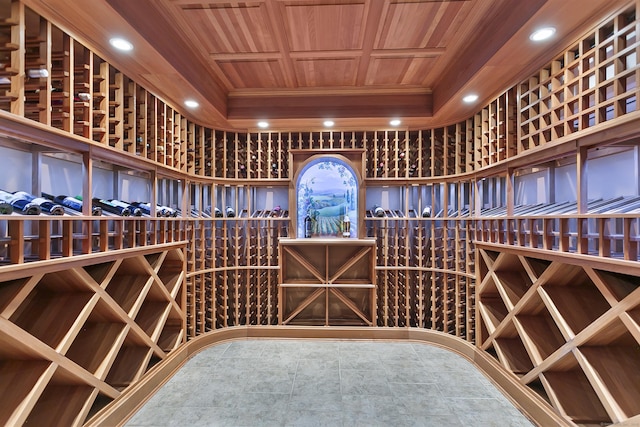 22 Nature Ln, Shelton, CT 06484 - wine room with wooden ceiling, crown molding, and recessed lighting