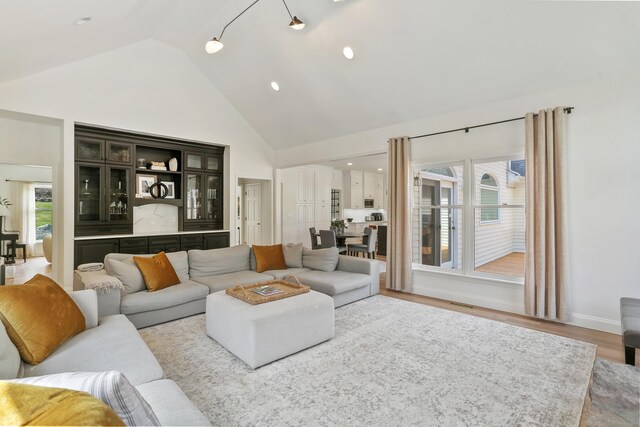 living room featuring wood finished floors, high vaulted ceiling, and recessed lighting