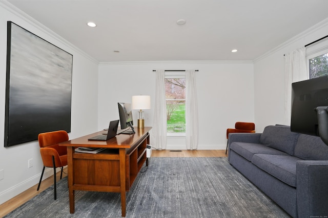 office area featuring baseboards, ornamental molding, wood finished floors, and recessed lighting