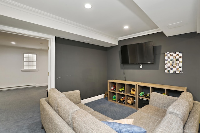 living room with ornamental molding, carpet floors, recessed lighting, and a baseboard radiator