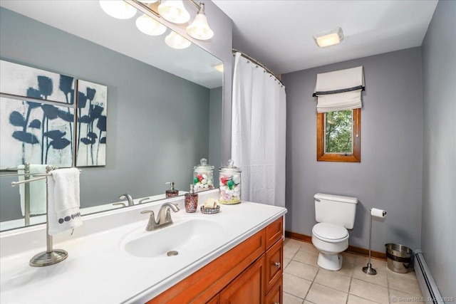 full bath with a baseboard heating unit, toilet, tile patterned floors, vanity, and baseboards