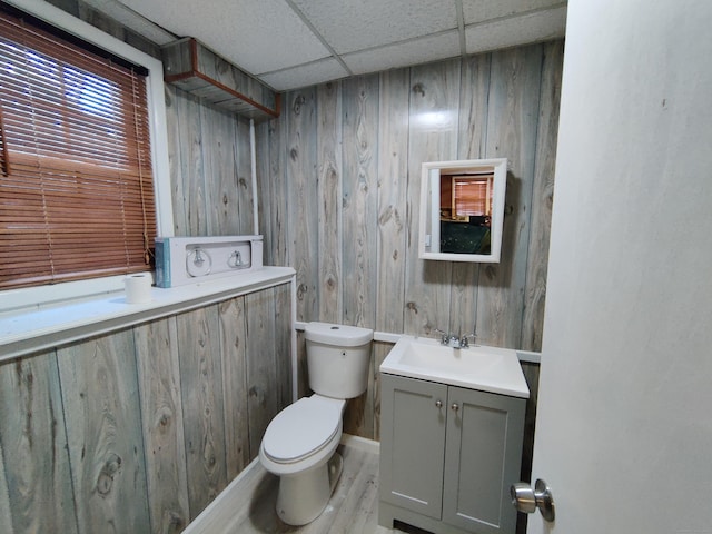 half bath with toilet, vanity, and wooden walls