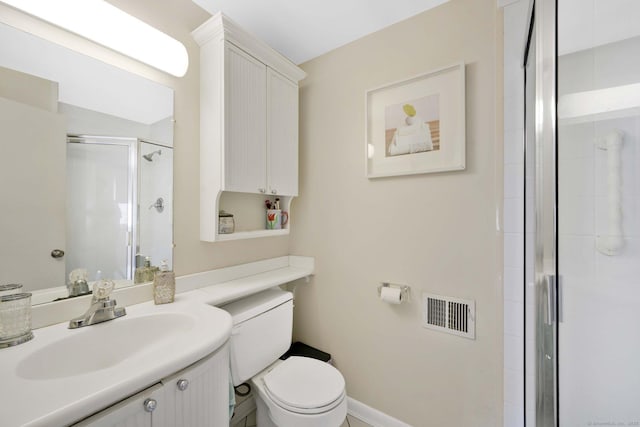 full bath with vanity, toilet, visible vents, and a stall shower
