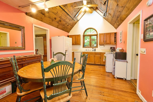 581 Oxford Rd, Oxford, CT 06478 - dining area with track lighting, ceiling fan, vaulted ceiling, wood ceiling, and light wood finished floors