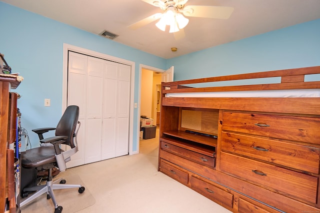581 Oxford Rd, Oxford, CT 06478 - bedroom featuring an office area, light colored carpet, a closet, and ceiling fan