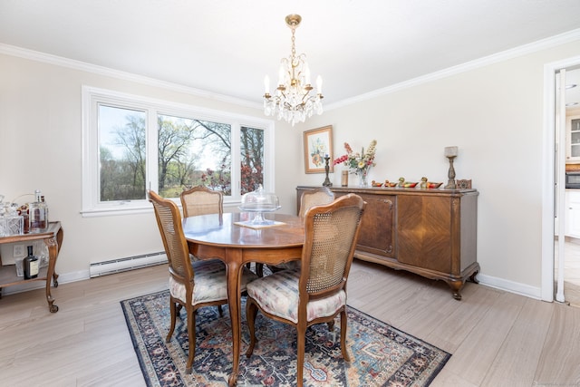 dining room with light wood-style flooring, baseboard heating, baseboards, a notable chandelier, and crown molding