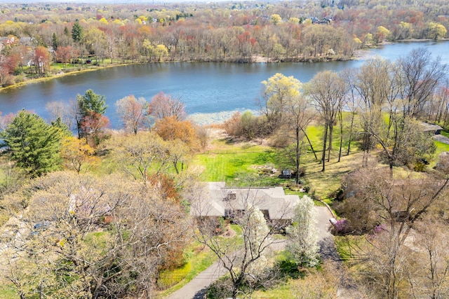 aerial view with a water view and a view of trees