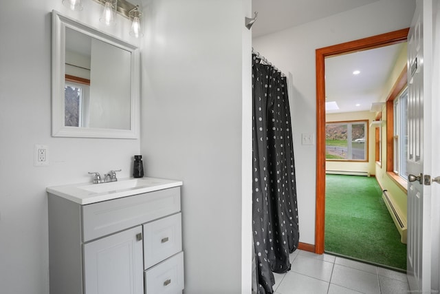 210 Founders Way, Stratford, CT 06614 - full bathroom featuring a baseboard heating unit, tile patterned floors, recessed lighting, vanity, and a baseboard radiator