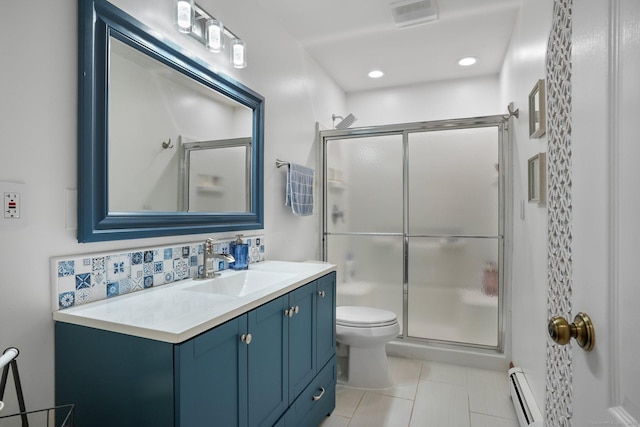 210 Founders Way, Stratford, CT 06614 - bathroom featuring a baseboard heating unit, visible vents, toilet, and a stall shower