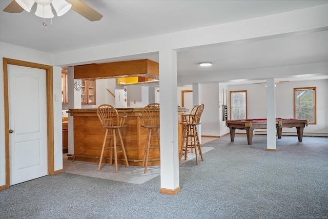 210 Founders Way, Stratford, CT 06614 - interior space with a dry bar, light colored carpet, pool table, and ceiling fan