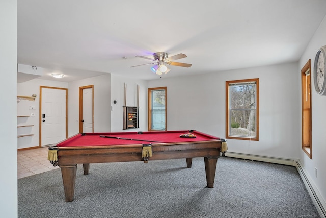 210 Founders Way, Stratford, CT 06614 - recreation room with a baseboard heating unit, a ceiling fan, carpet floors, and billiards