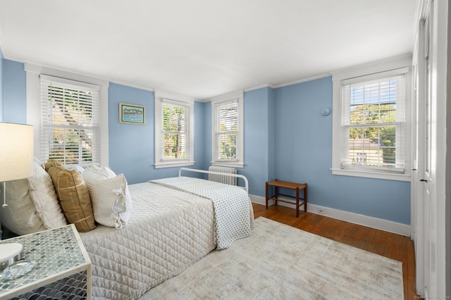 bedroom featuring wood finished floors, baseboards, and multiple windows