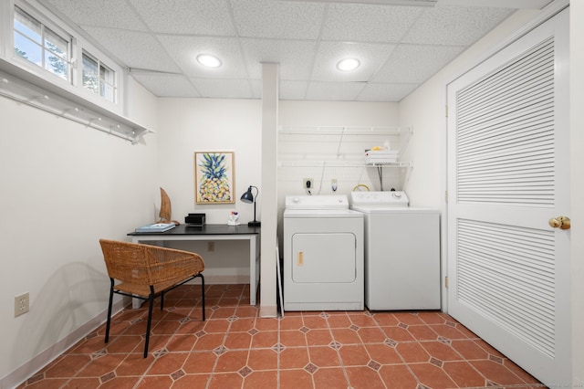clothes washing area featuring washer and dryer, laundry area, and recessed lighting