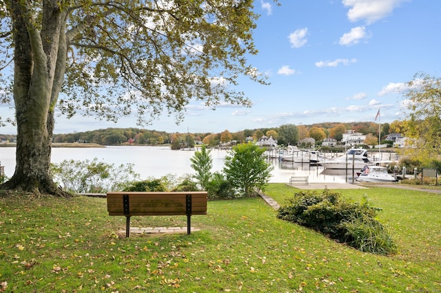 view of community with a lawn, a dock, and a water view