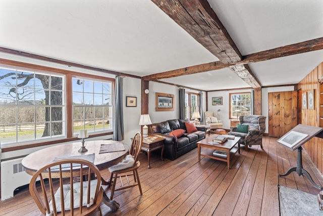 living room with beam ceiling, a wealth of natural light, and wood-type flooring