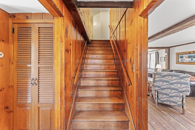 stairs featuring wooden walls and hardwood / wood-style floors