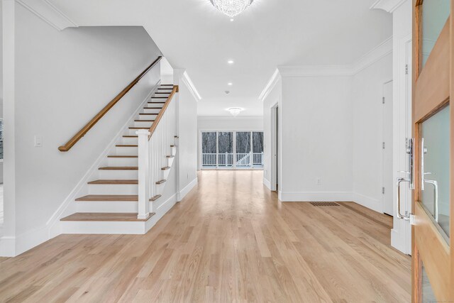8 Fox Run, Monroe, CT 06468 - foyer with stairs, light wood-style floors, ornamental molding, baseboards, and recessed lighting