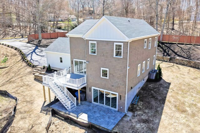 8 Fox Run, Monroe, CT 06468 - back of property featuring stairs, a wooden deck, central AC, and a shingled roof