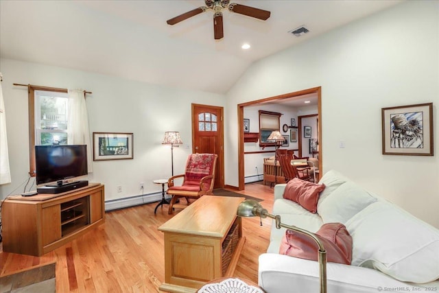 living room with ceiling fan, vaulted ceiling, light wood finished floors, baseboard heating, and recessed lighting