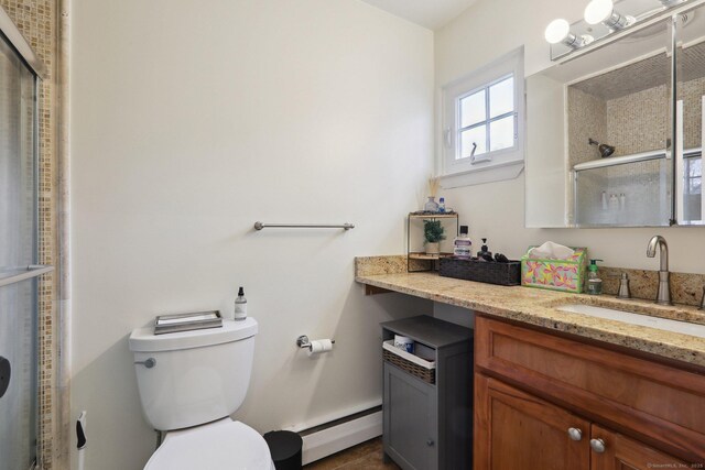 42 Stonecrop Rd, Norwalk, CT 06851 - full bathroom featuring a baseboard heating unit, a shower stall, toilet, and vanity