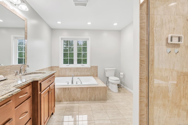 full bathroom featuring toilet, a garden tub, vanity, recessed lighting, and a tile shower