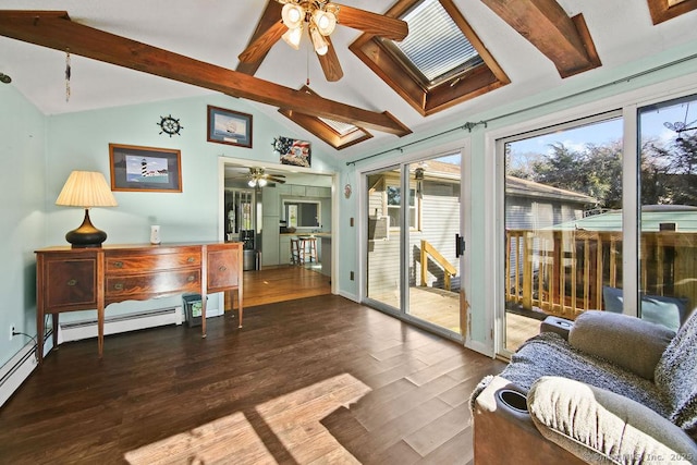 20 Sims Rd, Bristol, CT 06010 - living room with a ceiling fan, wood finished floors, a baseboard heating unit, vaulted ceiling with beams, and baseboards