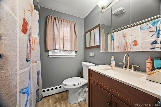 20 Sims Rd, Bristol, CT 06010 - full bath with wood finished floors, toilet, vanity, a shower with shower curtain, and baseboard heating