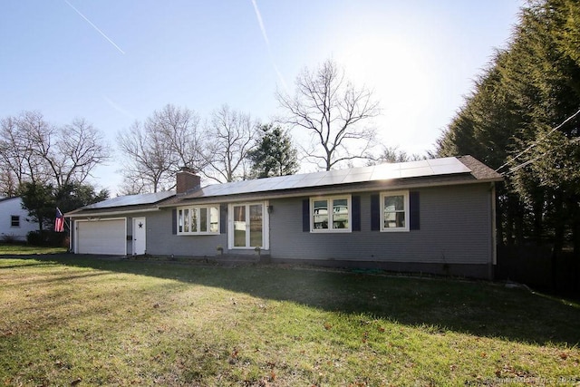 20 Sims Rd, Bristol, CT 06010 - ranch-style house with a front lawn, solar panels, an attached garage, and a chimney