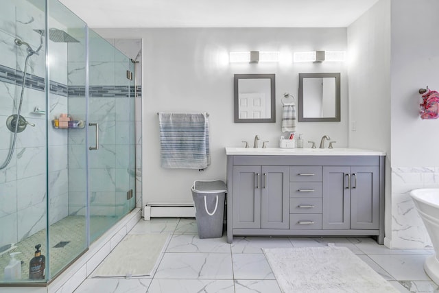 190 Thoreau Dr, Shelton, CT 06484 - bathroom with marble finish floor, double vanity, a stall shower, a sink, and baseboard heating
