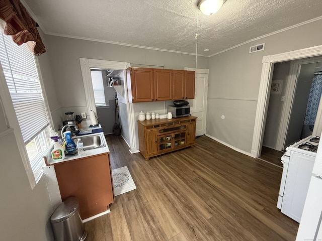 148 Plymouth St, New Haven, CT 06519 - kitchen featuring a textured ceiling, stainless steel microwave, a sink, visible vents, and white gas range