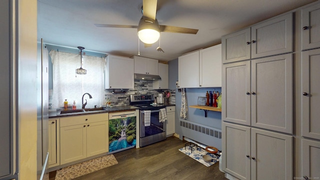kitchen featuring a sink, dishwasher, electric range, radiator, and under cabinet range hood