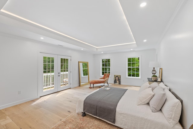 148 W Hills Rd, New Canaan, CT 06840 - bedroom featuring french doors, access to outside, recessed lighting, light wood-style flooring, and a raised ceiling
