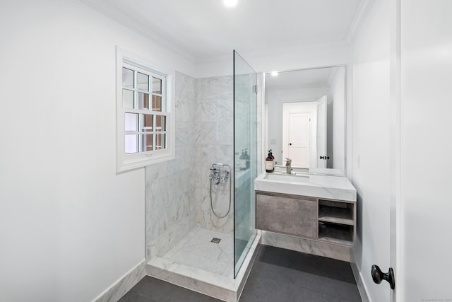 148 W Hills Rd, New Canaan, CT 06840 - bathroom featuring walk in shower, ornamental molding, vanity, and baseboards