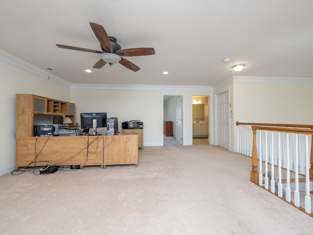carpeted office featuring ornamental molding, recessed lighting, ceiling fan, and baseboards
