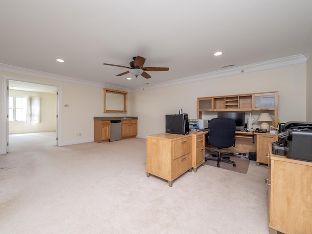 office area with recessed lighting, a ceiling fan, crown molding, and light colored carpet