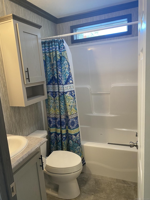 bathroom featuring shower / bath combo, vanity, toilet, ornamental molding, and wallpapered walls