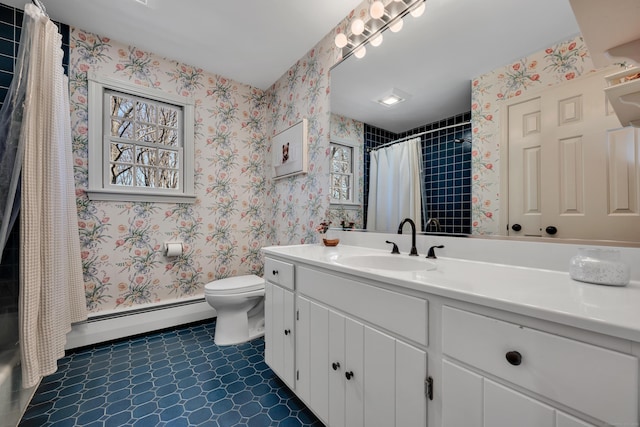 full bath featuring a baseboard heating unit, a shower with curtain, vanity, and toilet