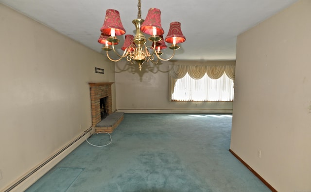 unfurnished living room featuring a notable chandelier, a baseboard heating unit, carpet, and a brick fireplace