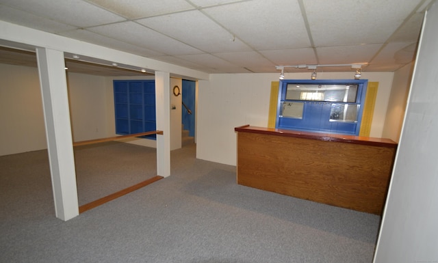 bar featuring a paneled ceiling and carpet flooring