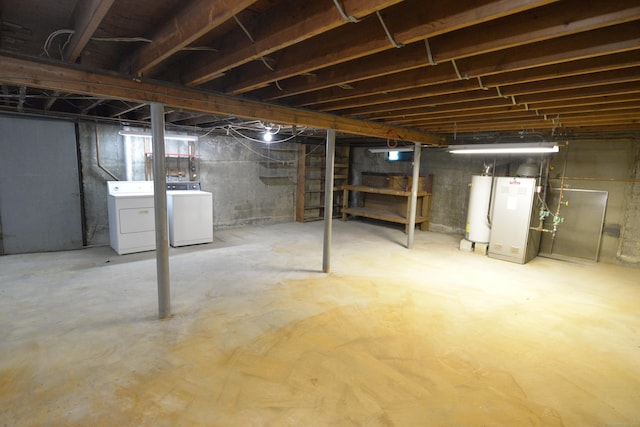 unfinished basement with water heater and washer and dryer
