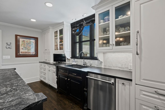 101 N Main St, Essex, CT 06426 - bar with wainscoting, dark wood-style flooring, dishwasher, a sink, and crown molding