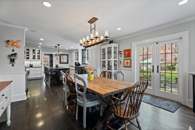 101 N Main St, Essex, CT 06426 - dining room with recessed lighting, an inviting chandelier, wainscoting, french doors, and crown molding
