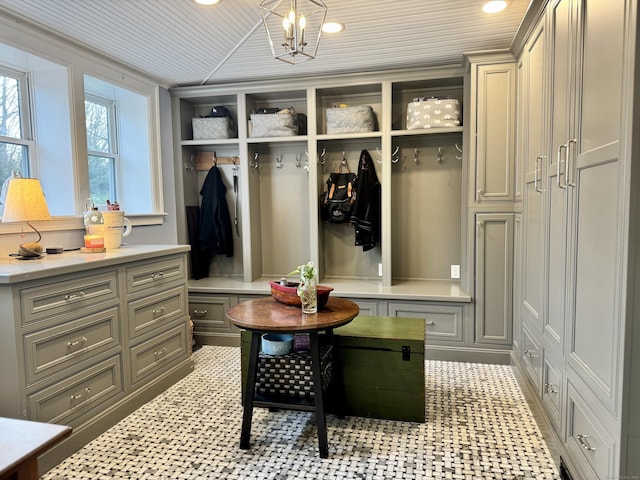 101 N Main St, Essex, CT 06426 - mudroom featuring wood ceiling, a decorative wall, recessed lighting, and a notable chandelier