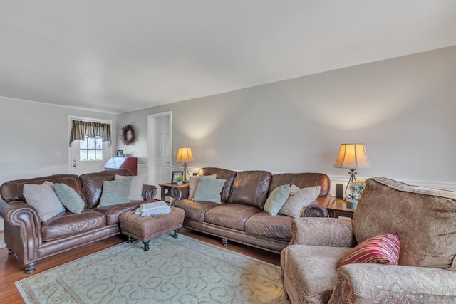 living area with ornamental molding and wood finished floors
