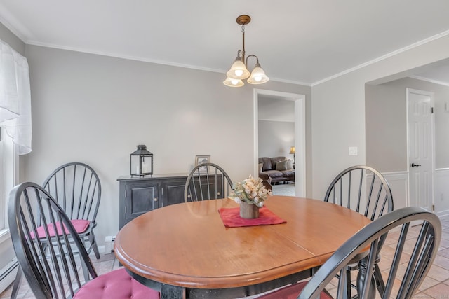 dining room featuring light tile patterned flooring, an inviting chandelier, ornamental molding, and baseboard heating