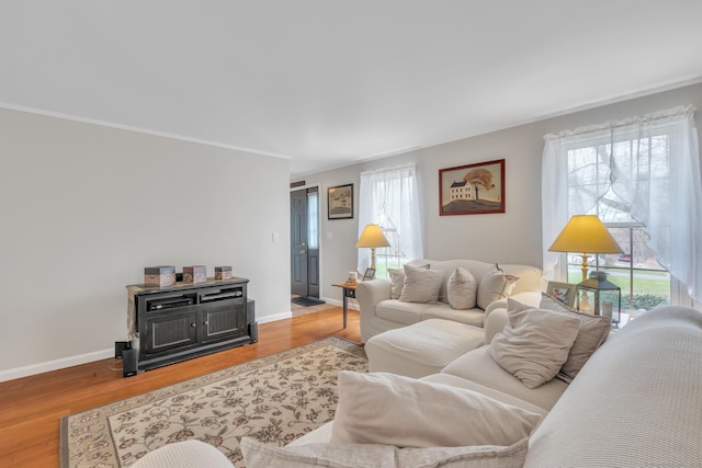 living area featuring a healthy amount of sunlight, crown molding, and light wood-type flooring